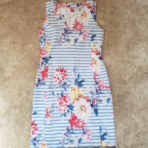 Joules Elayna Striped Floral Sleeveless Shift Dress sz 2 Blue White Pink Linen
